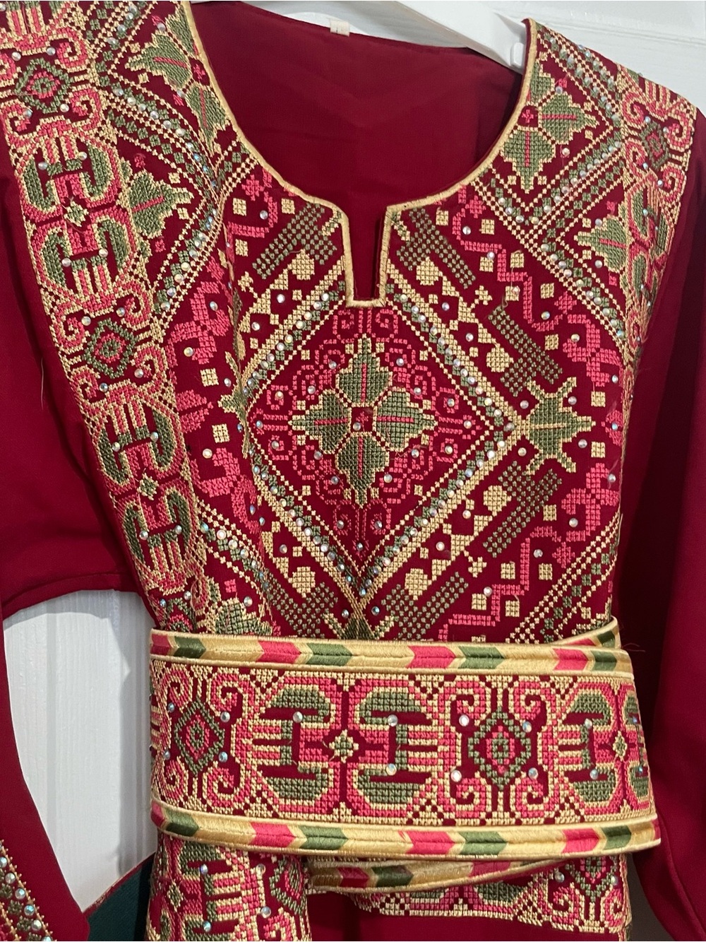 Palestinian Embroidered Thobe Red with Gold, Pink & Green Accents